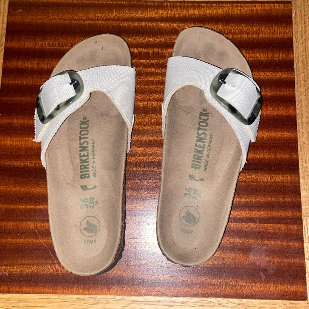 BIRKENSTOCK 36 Madrid vegan canvas eggshell tortoise shell big buckle